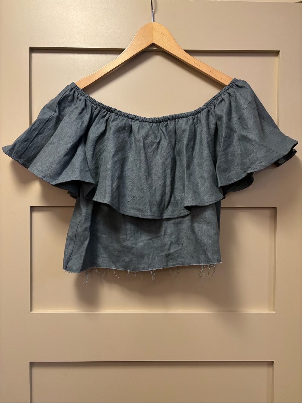 REFORMATION Linen Crop Top Off The Shoulder Grey Ruffle Raw Hem Beach